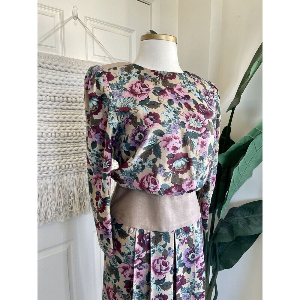 Jackie Taub Connections Women's Vintage Size 12 Suede Floral‎ Midi Dress Pleated